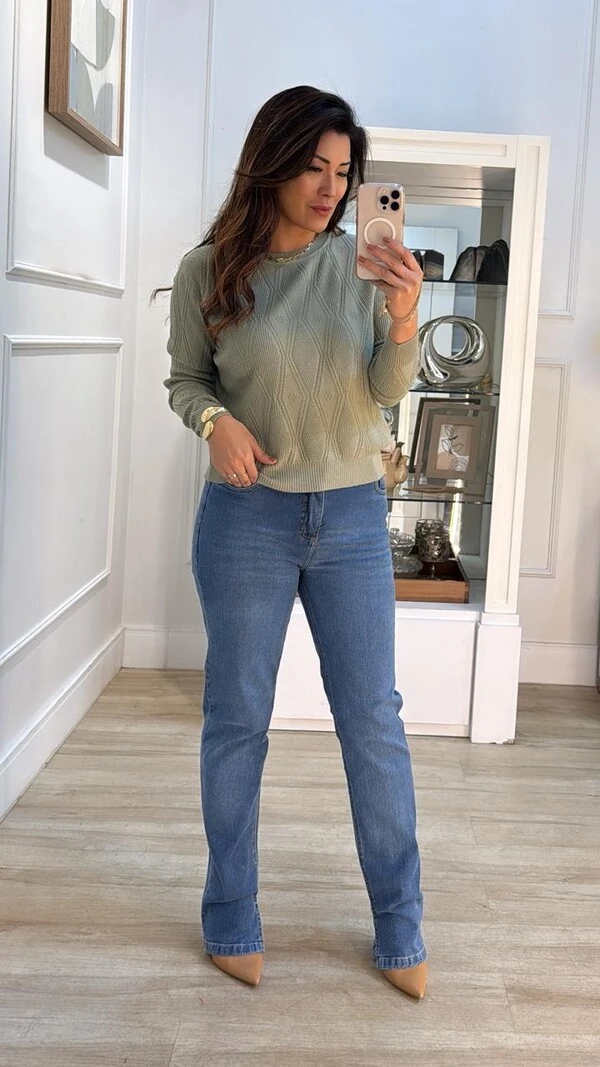 Blusa Tricot Monica Losangos E Nervuras Com Entremeios Na Vertical