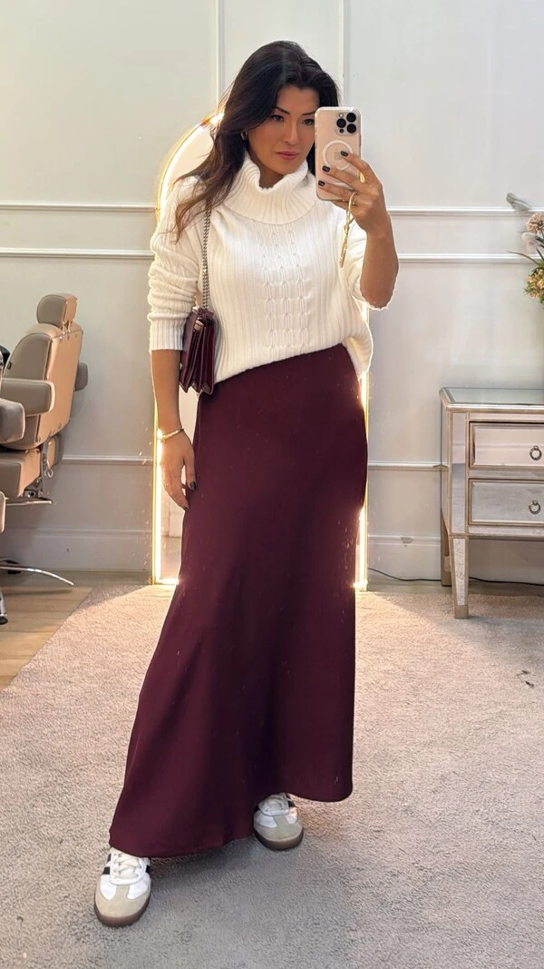 Blusa Tricot Priscilla Gola Rolê E Mangas Com Tramas Triplas