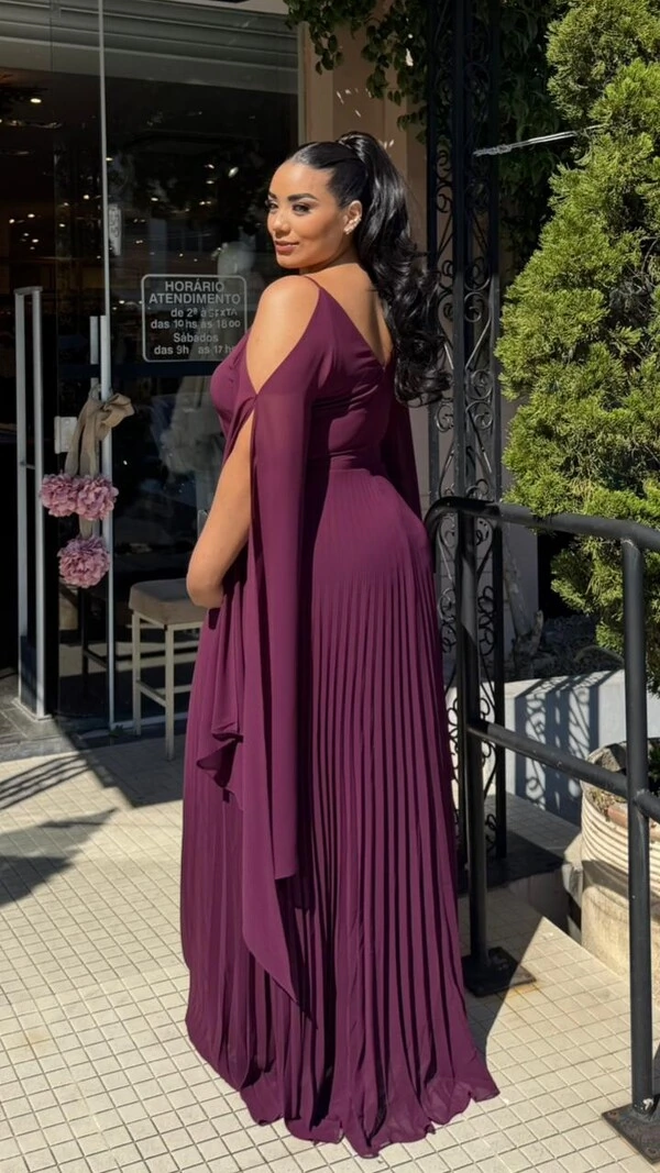 Vestido Longo Manga Echarpe Bruna Com Cinto Faixa