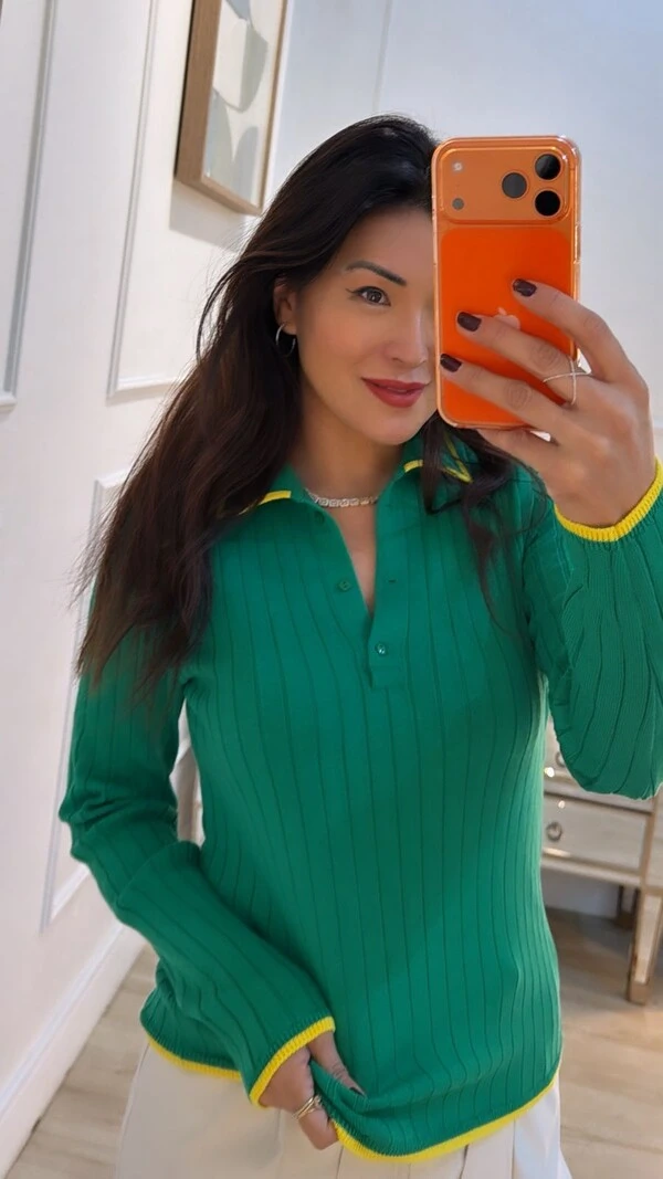 Blusa Tricot Gola Polo Amy Botões Frontais
