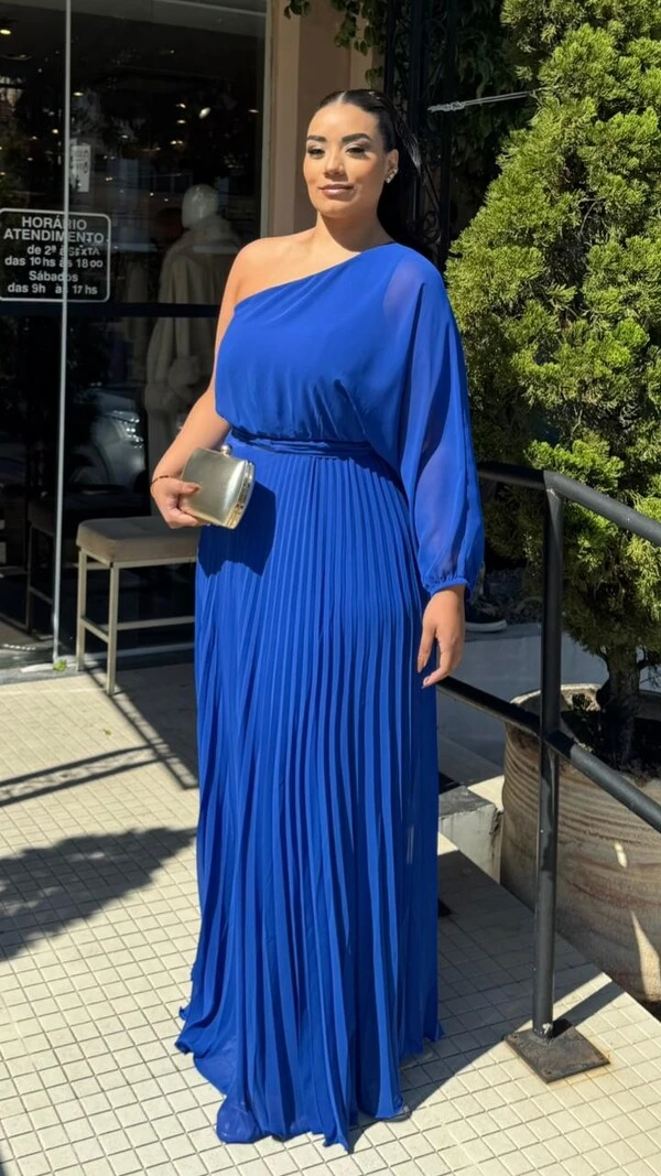 Vestido Longo Plissado Carla Manga Única Com Cinto Faixa
