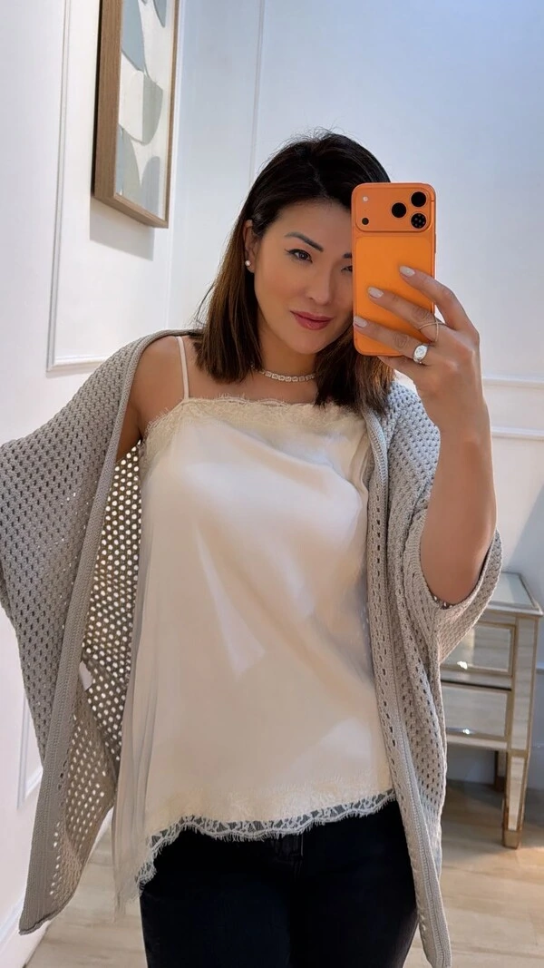 Kimono Tricot Vazado Ashley Mangas 3/4 Punhos Canelados