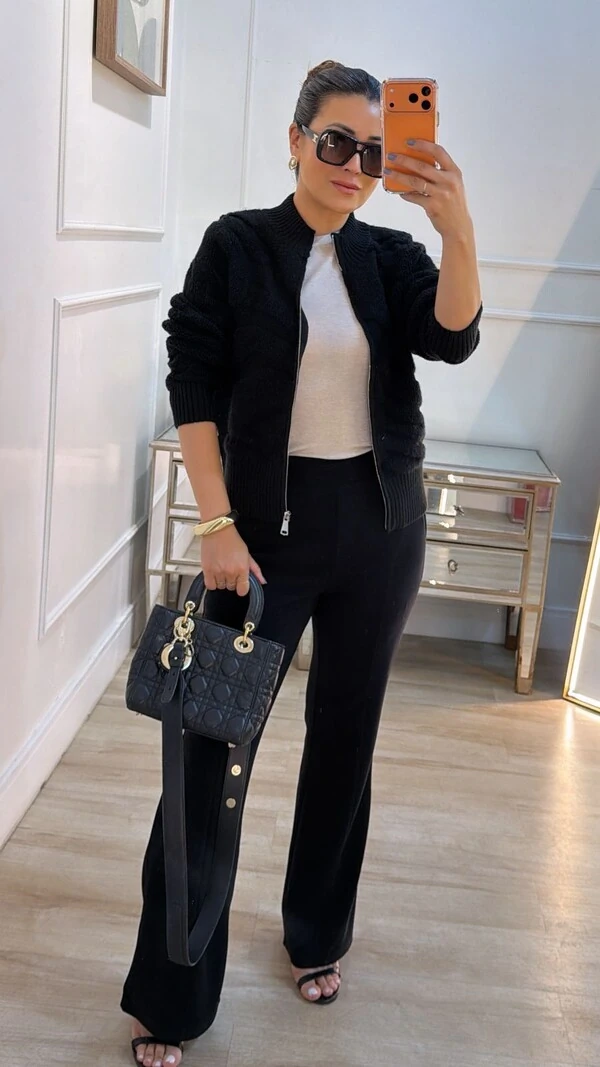 Jaqueta Casaco Tricot Gola Alta Nicolly Nervuras Em Relevo