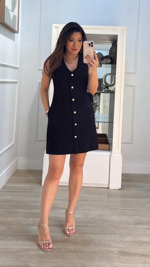 Vestido Curto Twill Gio Botões Dourados Frontais