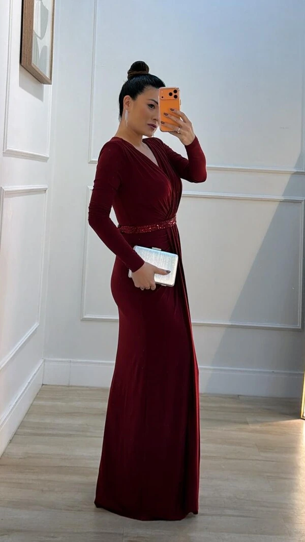 Vestido Longo Mangas Longas Jamile Cinto De Paetê