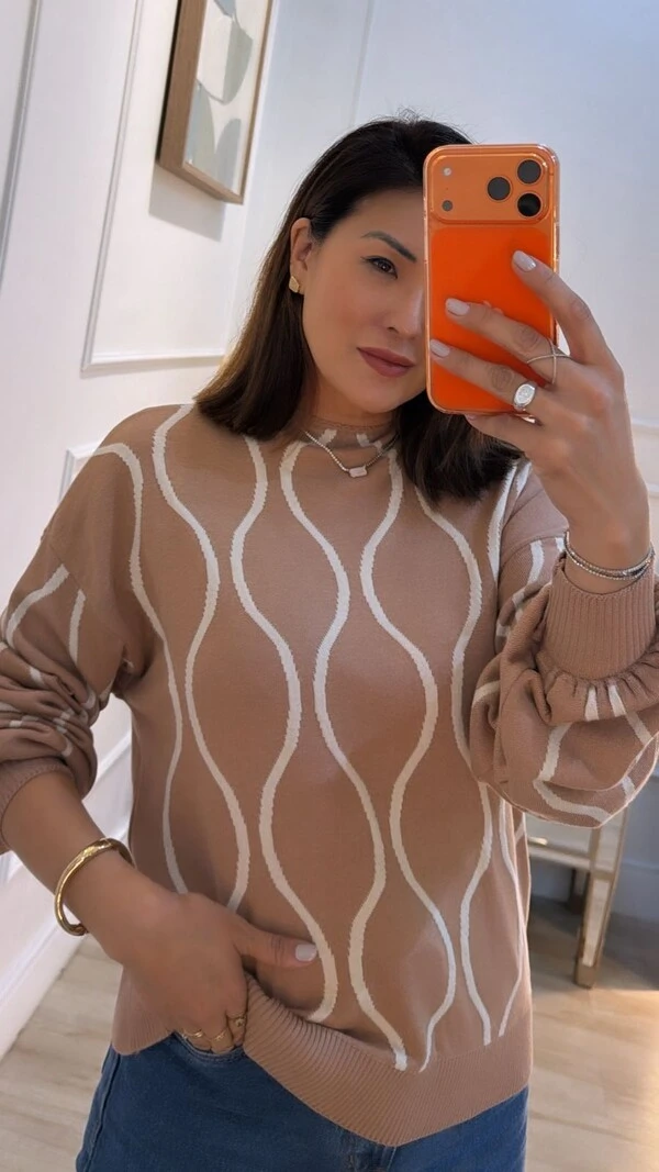 Blusa Tricot Bicolor Simaria Nervuras Onduladas