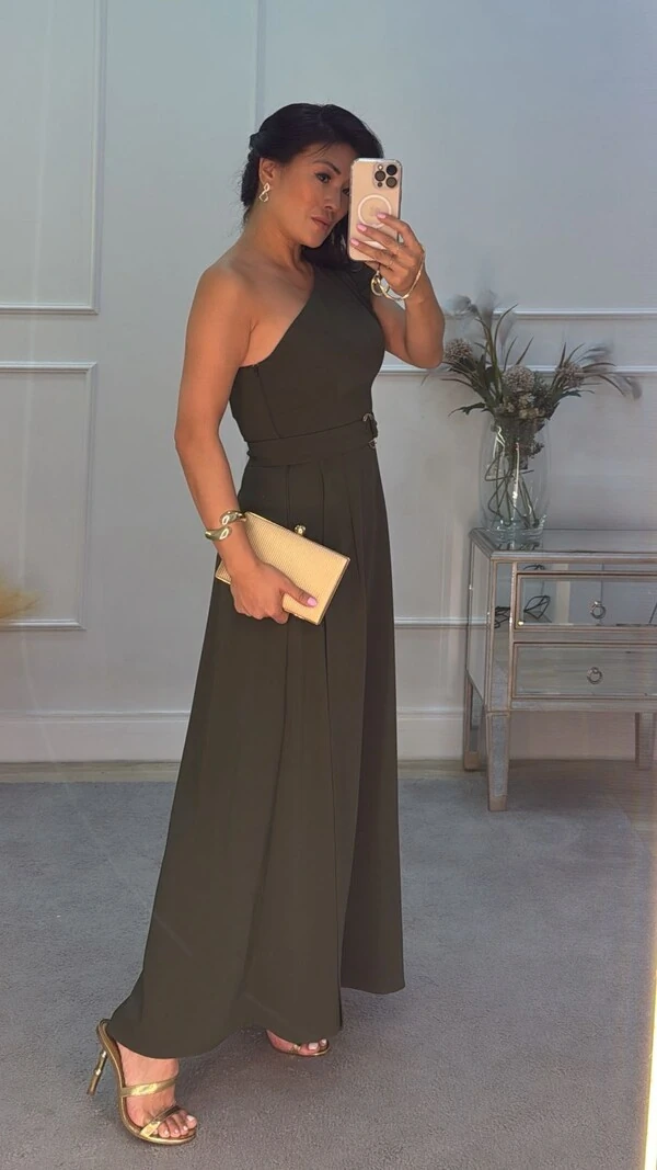 Vestido Longo Alba Ombro Único E Cinto Faixa Com Fivela Dupla
