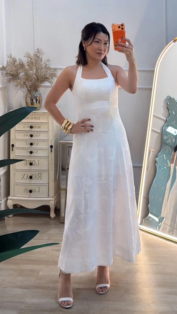 Vestido Midi Bordado Frente Única Marcia Amarração Posterior