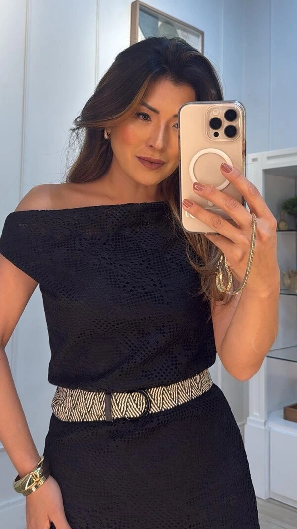 Vestido Longo Rendado Elisa Decote Torcido E Cinto