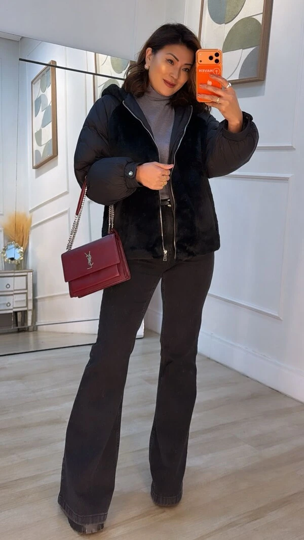 Jaqueta Casaco Puffer Nylon Com Teddy Estella Mangas Bufantes