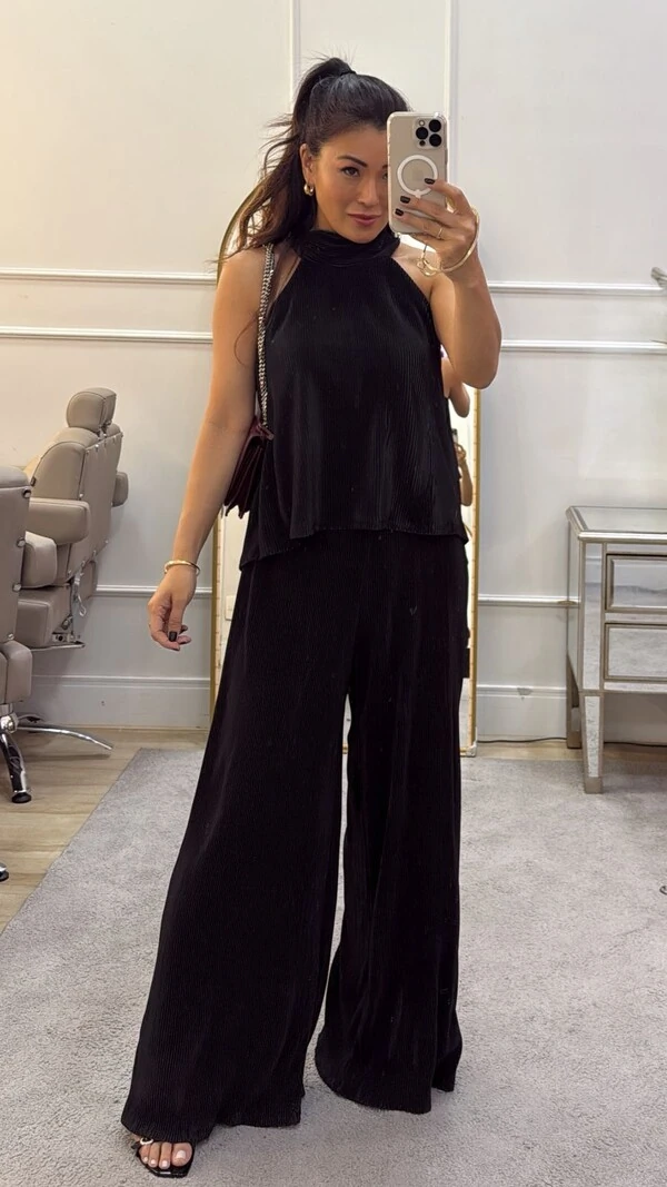 Conjunto Plissado Nani Blusa Cava Americana & Calça Pantalona