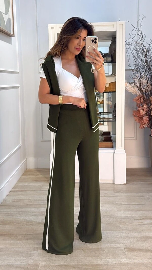 Conjunto Tricot Ingrid Blusa Mangas Longas E Calça Faixa Lateral