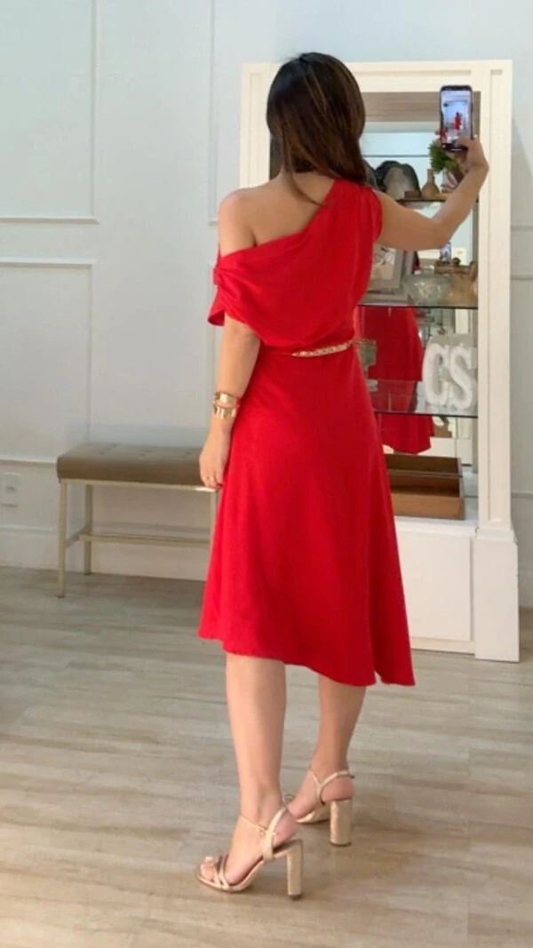 Vestido Midi Assimétrico Angélica Drapeado Nos Ombros