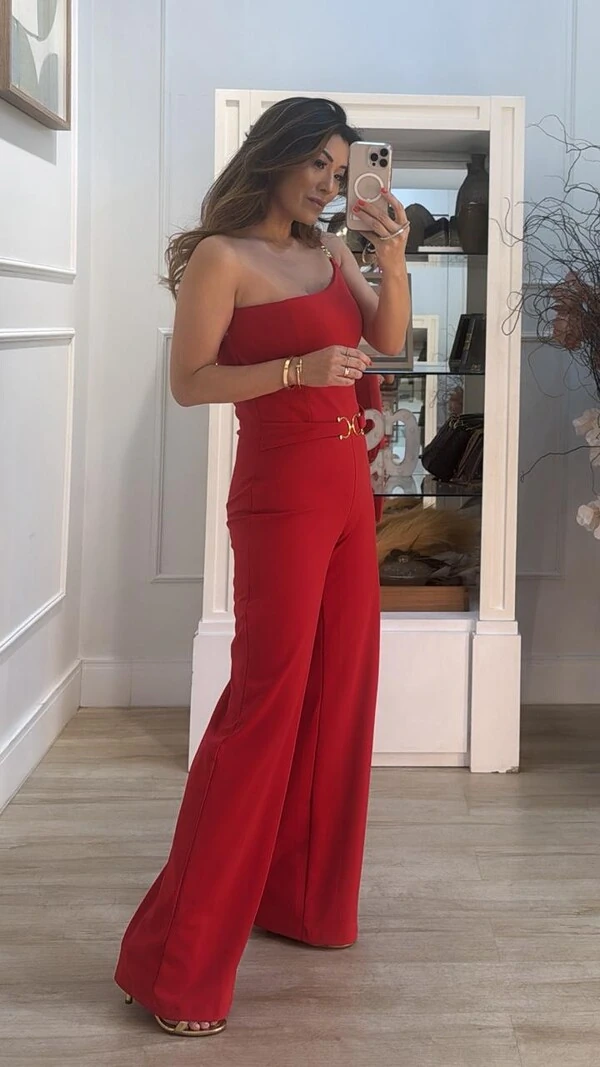 Macacão Longo Pantalona Alça Única Lady Cinto Fixo Fivela Dourada