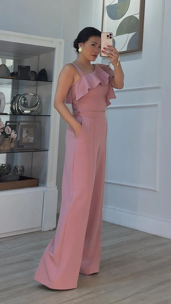 Conjunto Marisa Alfaiataria Blusa Cropped Manga Babados & Calça Pantalona