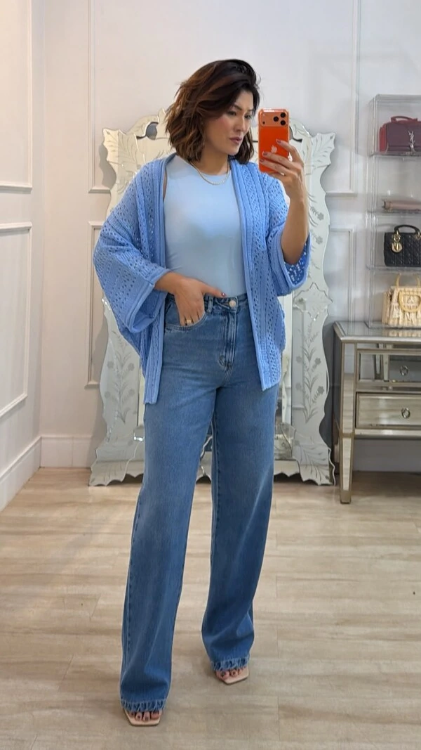 PRÉ-VENDA DATA ESTIMADA DE ENVIO DIA 26/10 Kimono Tricot Vazado Fabi Mangas 3/4