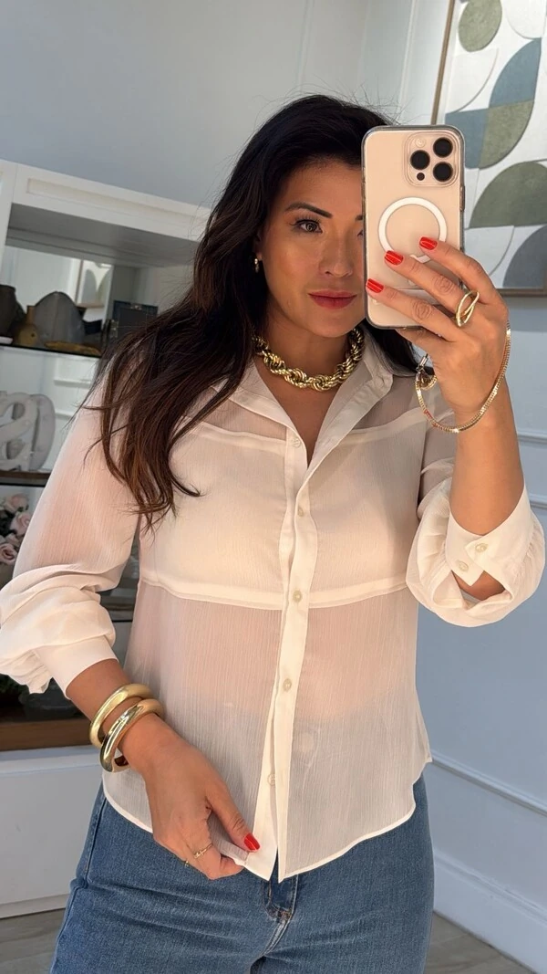 Camisa Chiffon Bárbara Mangas Longas Bufantes