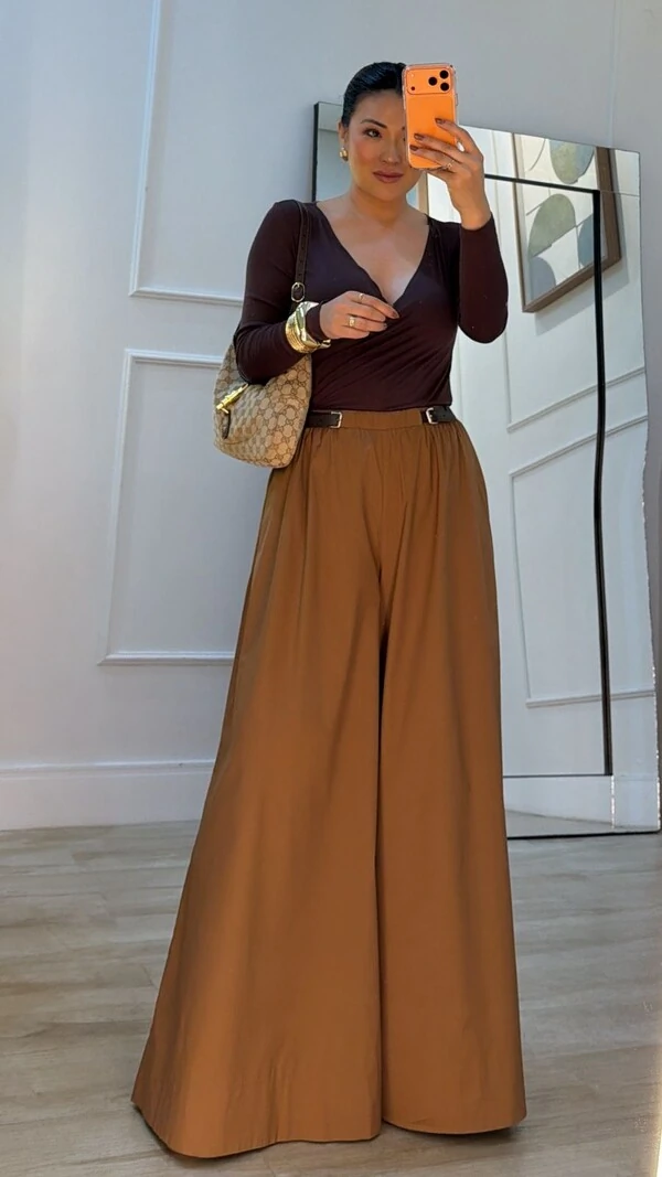 Calça Pantalona Tricoline Heloiza Detalhe Cinto Couro Eco Fixo