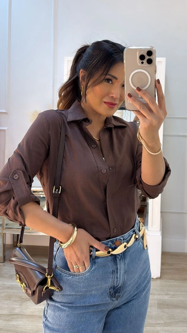 Camisa Linho Andreia Mangas Longas Com Martingalê