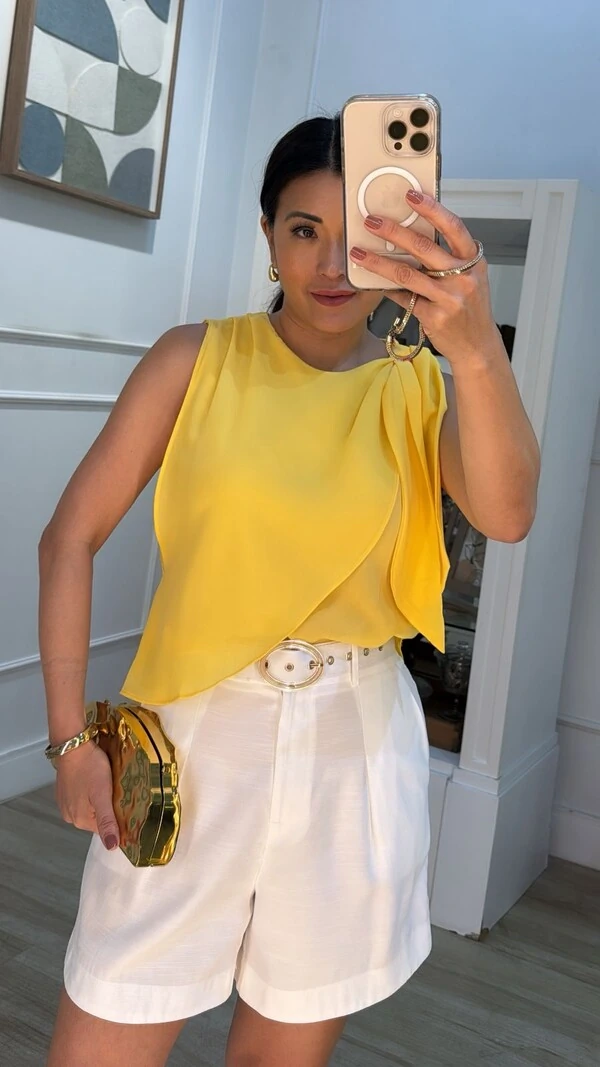 Blusa Regata Chiffon Sobreposição Transpassada Selma Amarração No Ombro