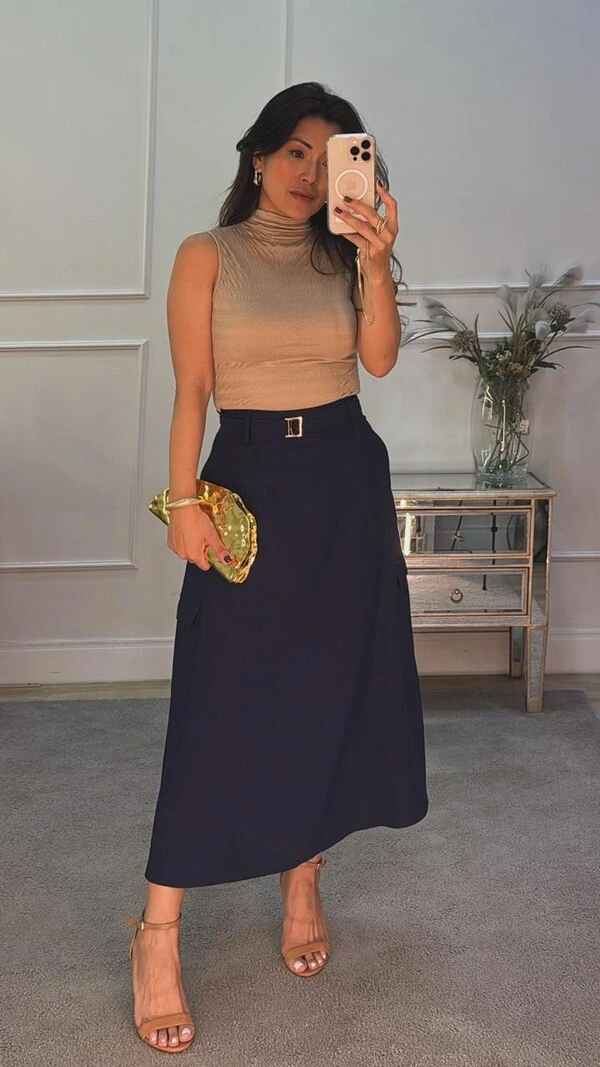 Saia Midi Cargo Twill Raquel Cinto Pespontado Fivela Dourada