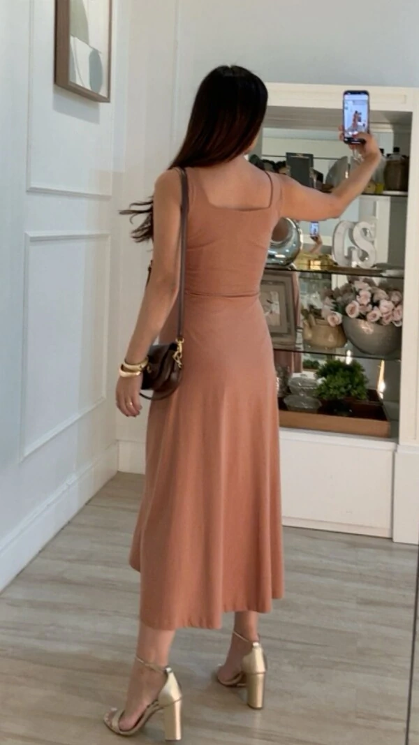 Vestido Midi Decote Reto Barbara Alças Largas