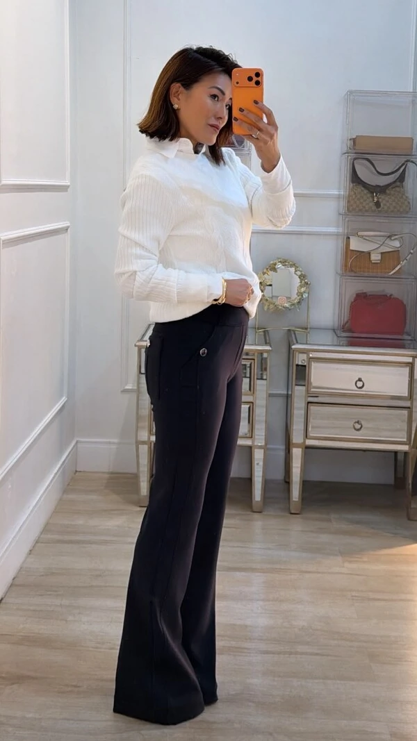 Calça Flare Pala Larga Daniela Bolsos Com Botão Prata