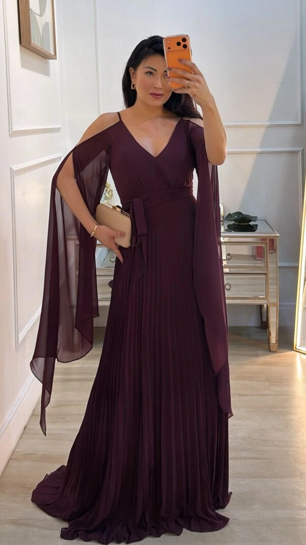 Vestido Longo Manga Echarpe Bruna Com Cinto Faixa