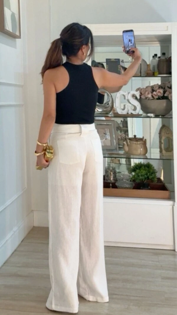 Calça Pantalona Em Linho Mirella Com Cinto Faixa