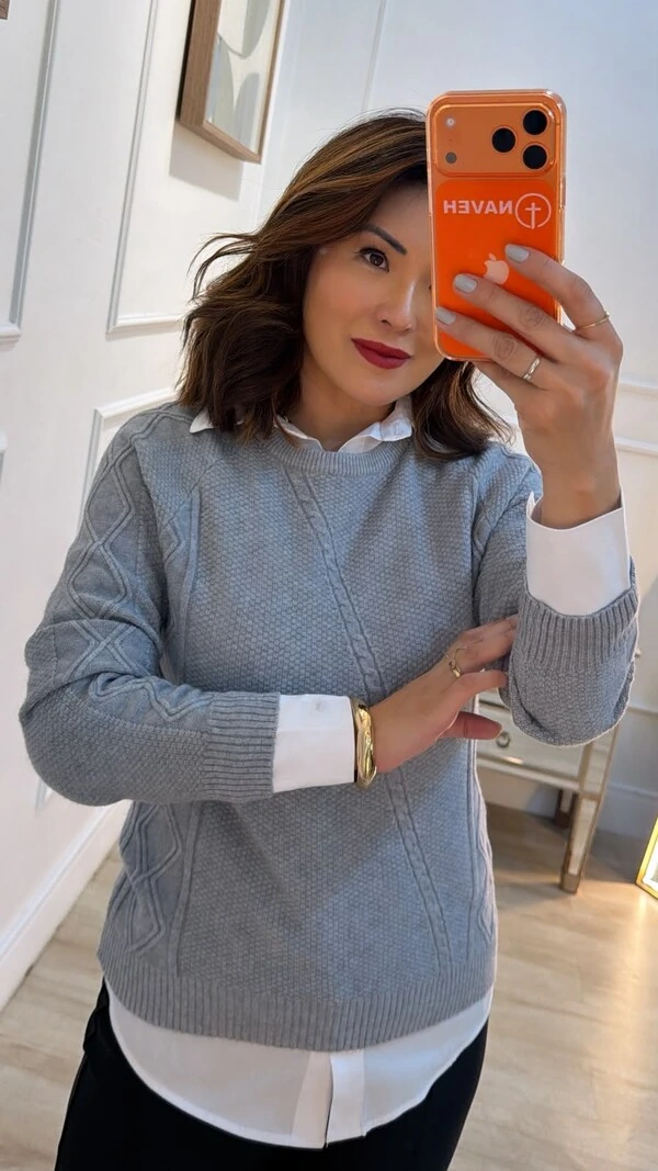 Blusa Tricot Texturas Em Losango Mirella Trançado Diagonal