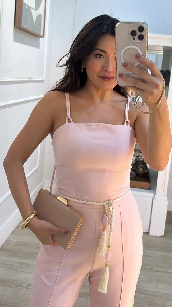 Macacão Alfaiataria Alças Duplas Com Amarração Posterior Isis Cinto Corda