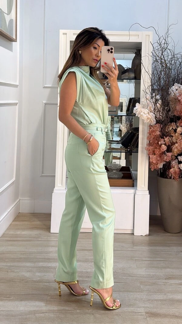 Calça Twill Botão Forrado Maysa Cinto Fino Encapado