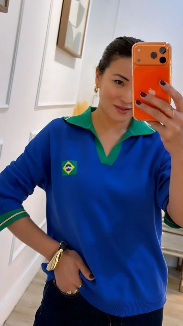 Blusa Tricot Brasil Gola Polo Fernanda Mangas Longas