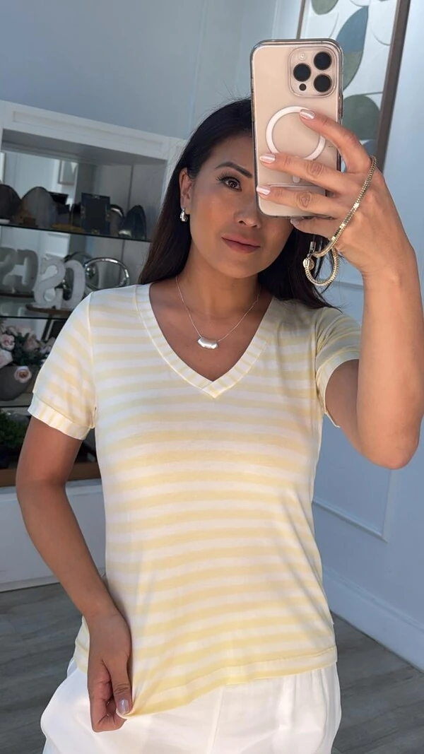Blusa Malha Listrada Bianca Decote V