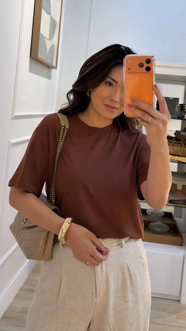 Blusa Malha Ampla Gola Careca Anny Mangas 3/4