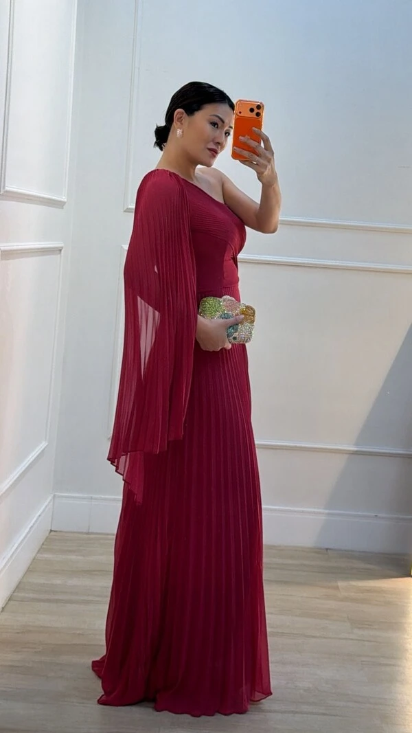 Vestido Longo Plissado Ombro Único Chloe Cinto Faixa