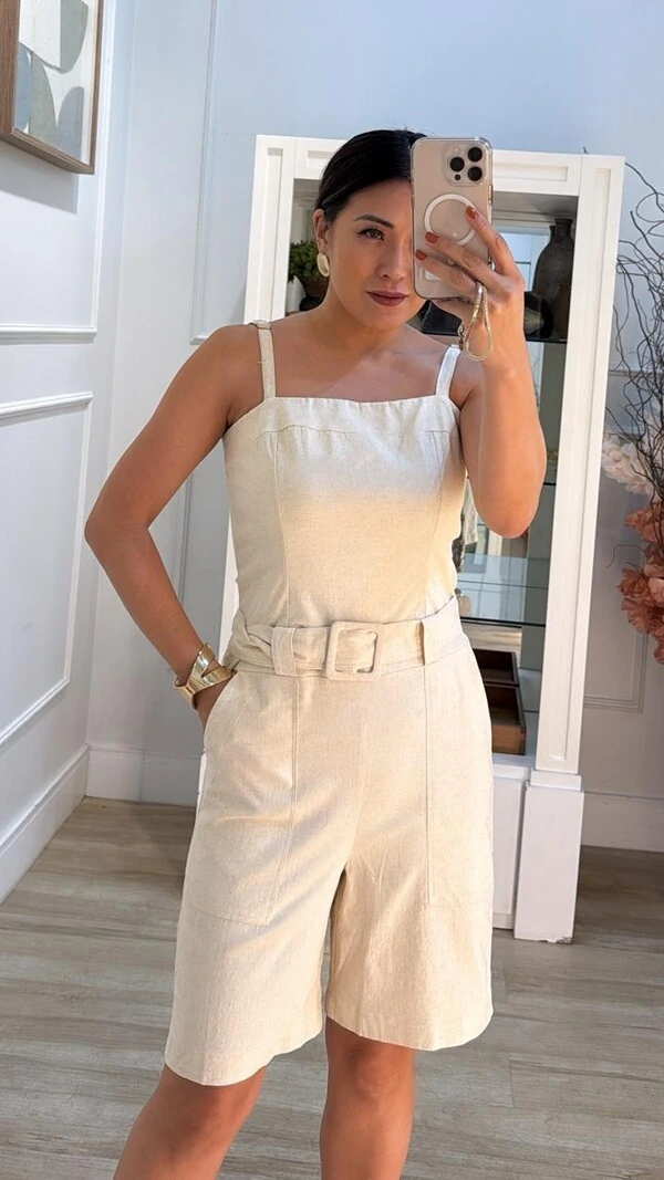 Macaquinho Viscose Com Linho Lívia Cinto Fivela Quadrada