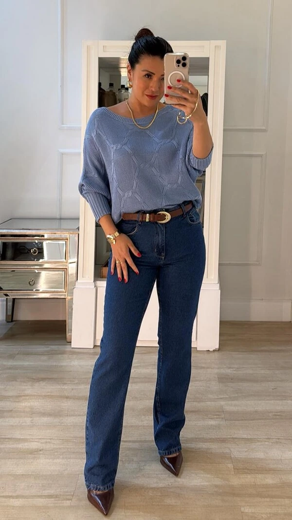 Blusa Morcego Tricot Nádia Punhos Largos Canelados