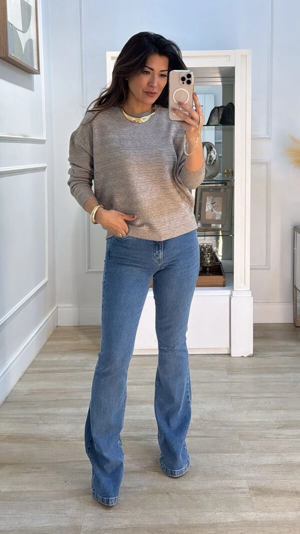 Blusa Tricot Ampla Hallie Com Nervuras Horizontais E Mini Entremeios