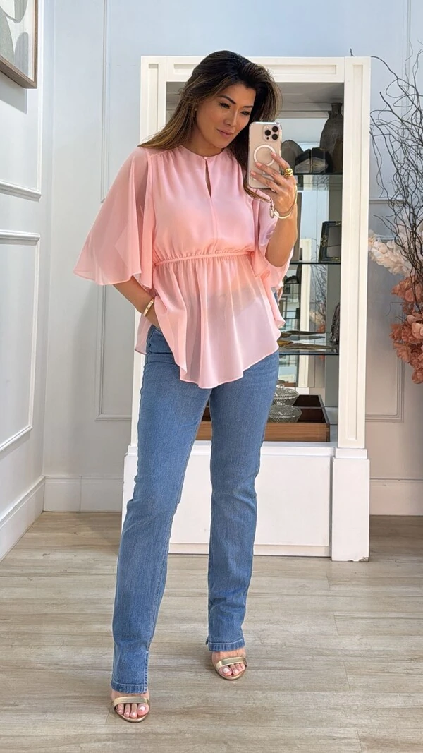 Bata Chiffon Mangas Em Evasê Thainá Elástico Franzido No Barrado