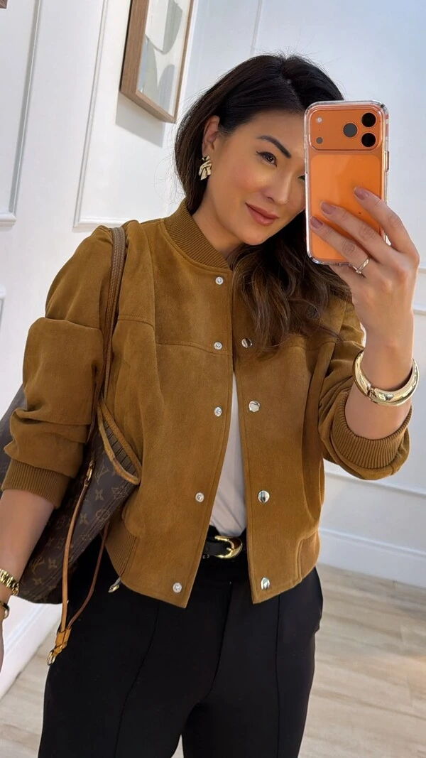 Jaqueta Casaco Bomber Suede Bianca Com Botões De Pressão