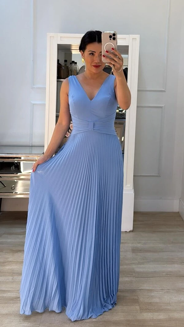 Vestido Longo Decote V Detalhe De Laço Maithe Saia Plissada