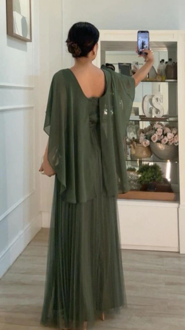 Vestido Longo Mangas Em Echarpe Vivi Saia Plissada Em Tule