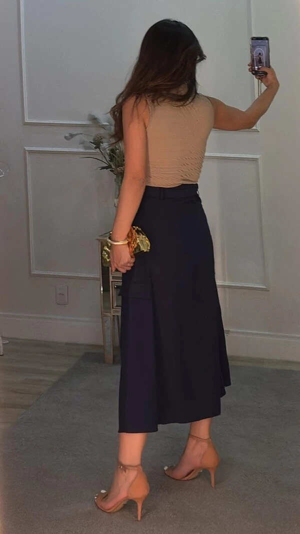 Saia Midi Cargo Twill Raquel Cinto Pespontado Fivela Dourada