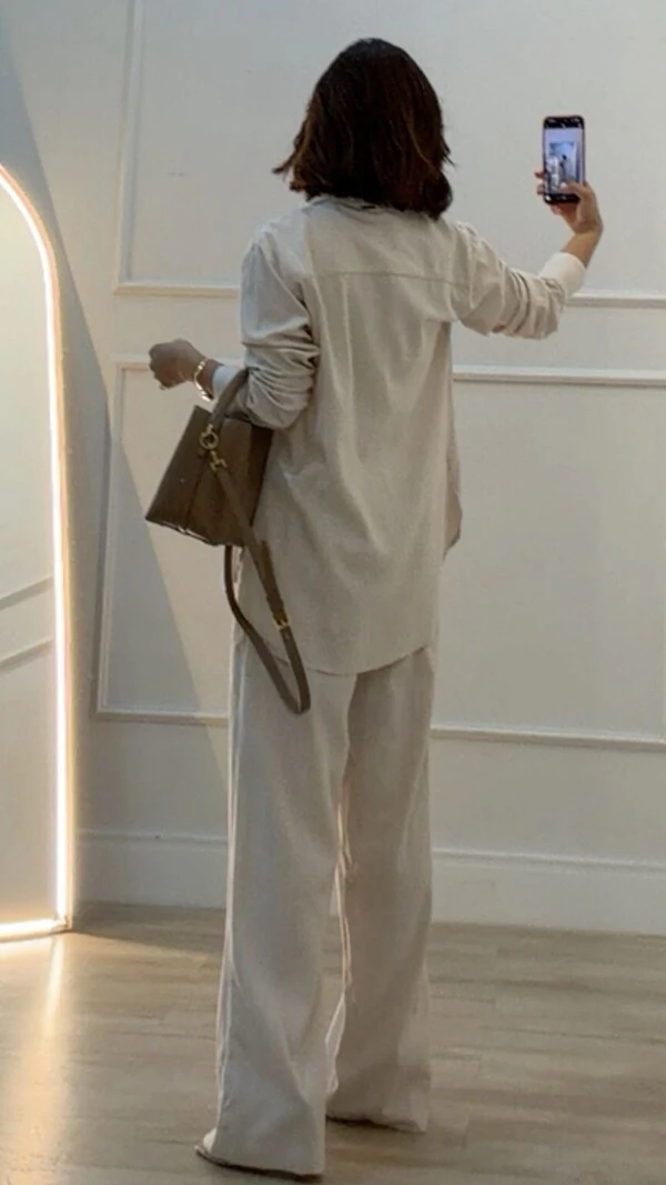 Conjunto Viscose Com Linho Pamela Calça Pantalona E Camisa