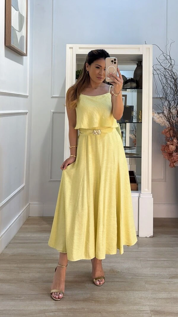 Vestido Midi Mescla Evasê Antonella Cinto Faixa Fivela Flores Duplas Douradas