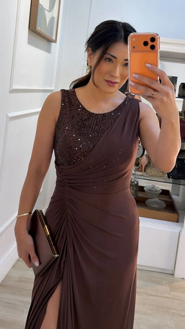 Vestido Longo Tule Drapeado Lateral Zoe Busto Em Paetê