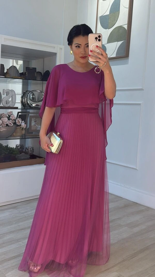 Vestido Longo Mangas Em Echarpe Vivi Saia Plissada Em Tule