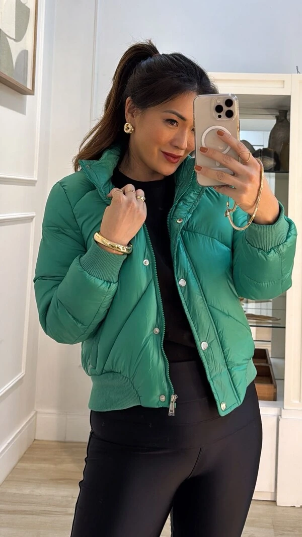 Jaqueta Puffer Nylon Cecilia Punhos E Barrado Largos Canelados