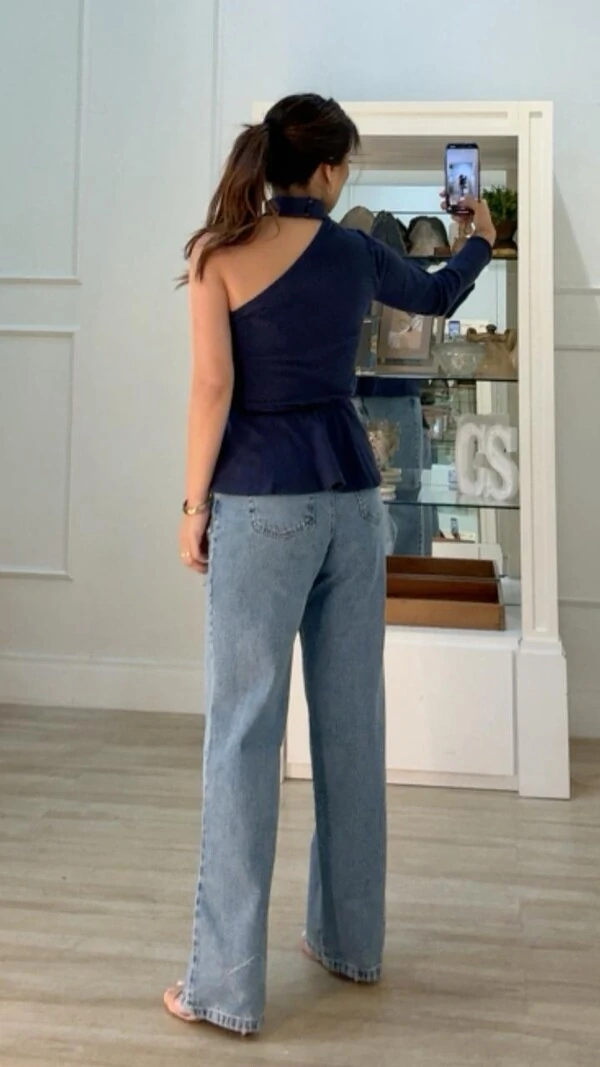 Blusa Alongada Canelada Peplum Ombro Único Chloe Cinto Fino